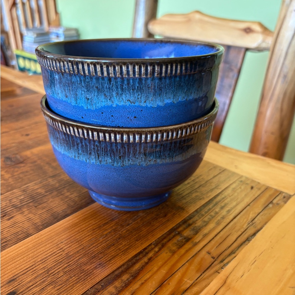 Blue Ceramic Bowls pottery dripped glaze bundle lot of 2